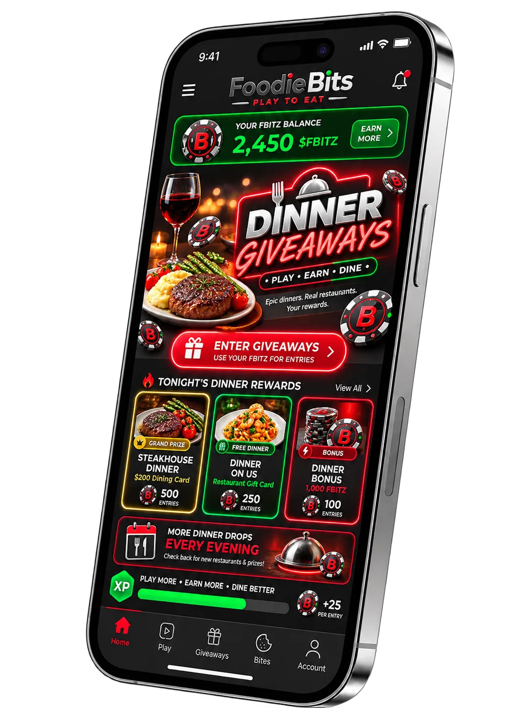 FoodieBits app preview showing Dinner Giveaways entries