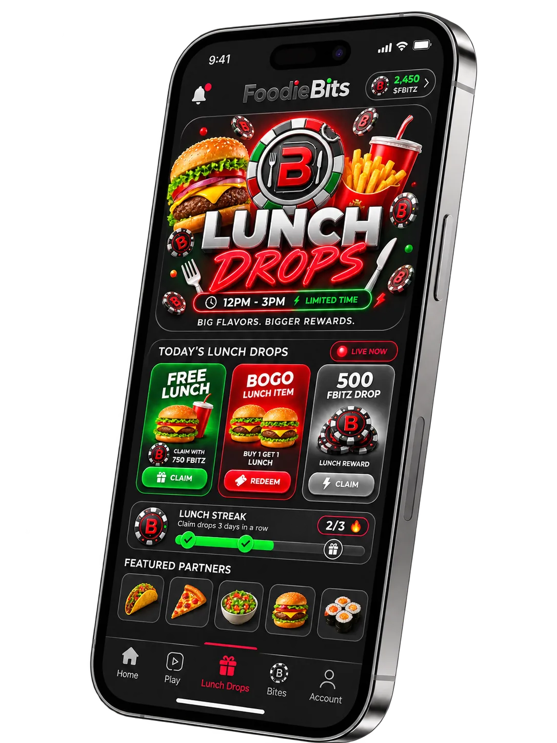 FoodieBits app preview showing today's Lunch Drops rewards