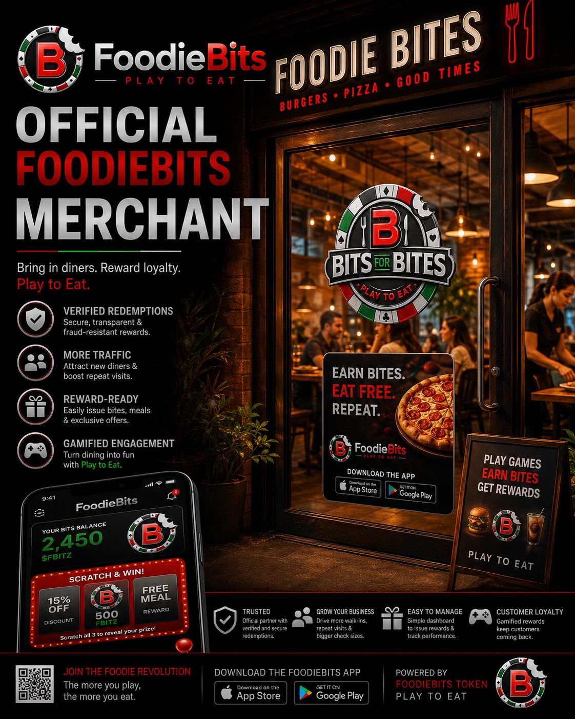 Official FoodieBits Merchant poster: a restaurant storefront with the FoodieBits badge and app download callouts