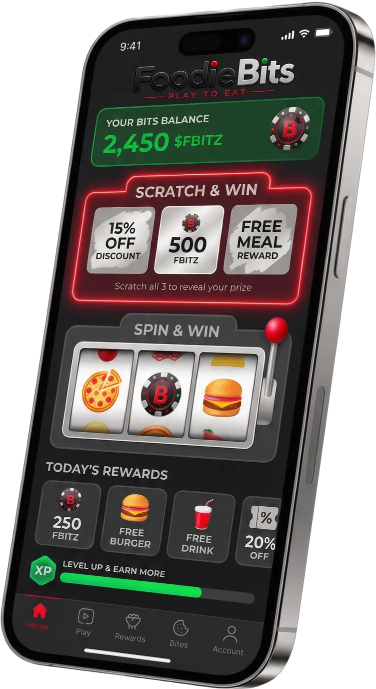 FoodieBits app on a smartphone showing the Bits balance, Scratch & Win, Spin & Win, and daily rewards