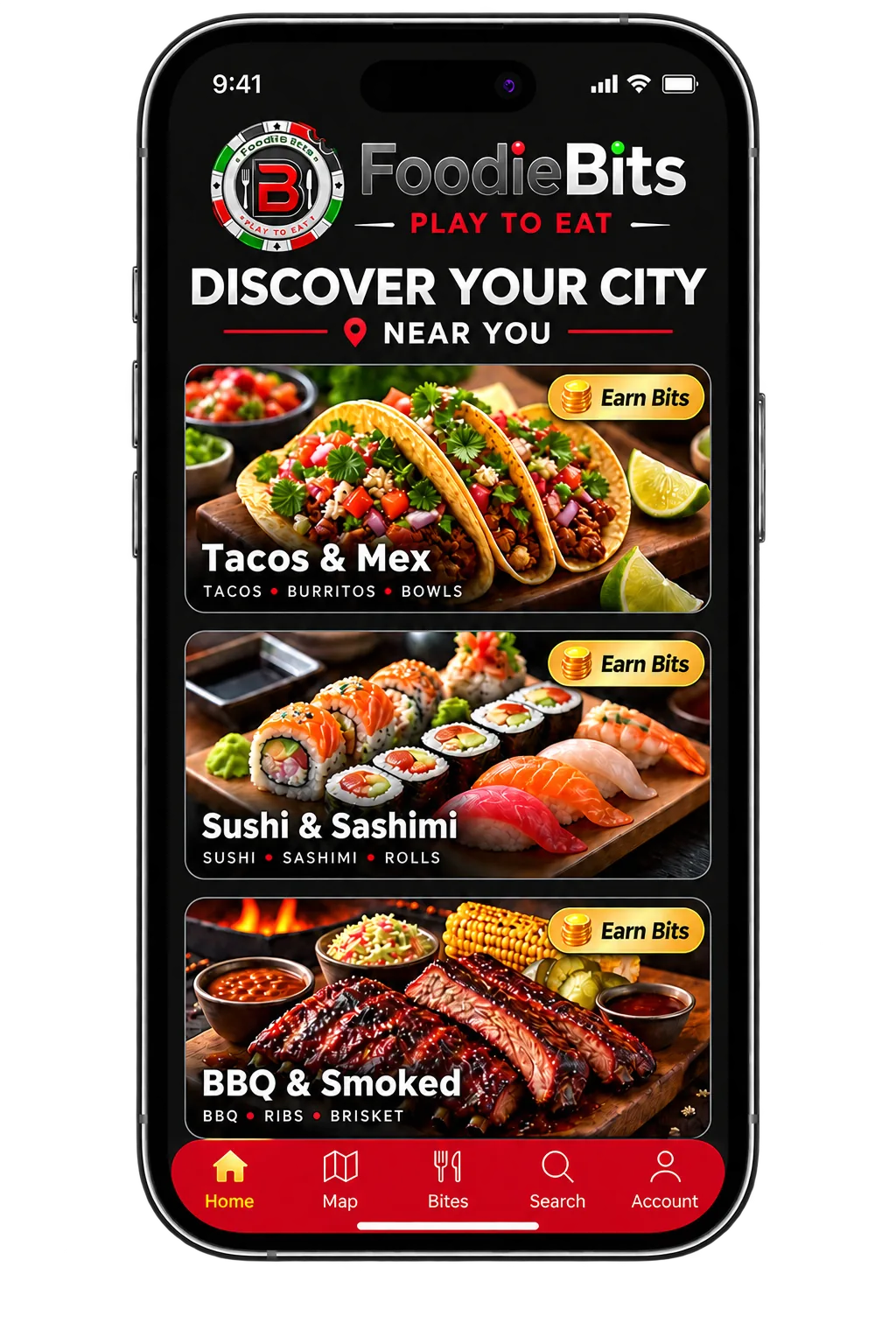 FoodieBits Discover Your City app preview showing nearby cuisine categories
