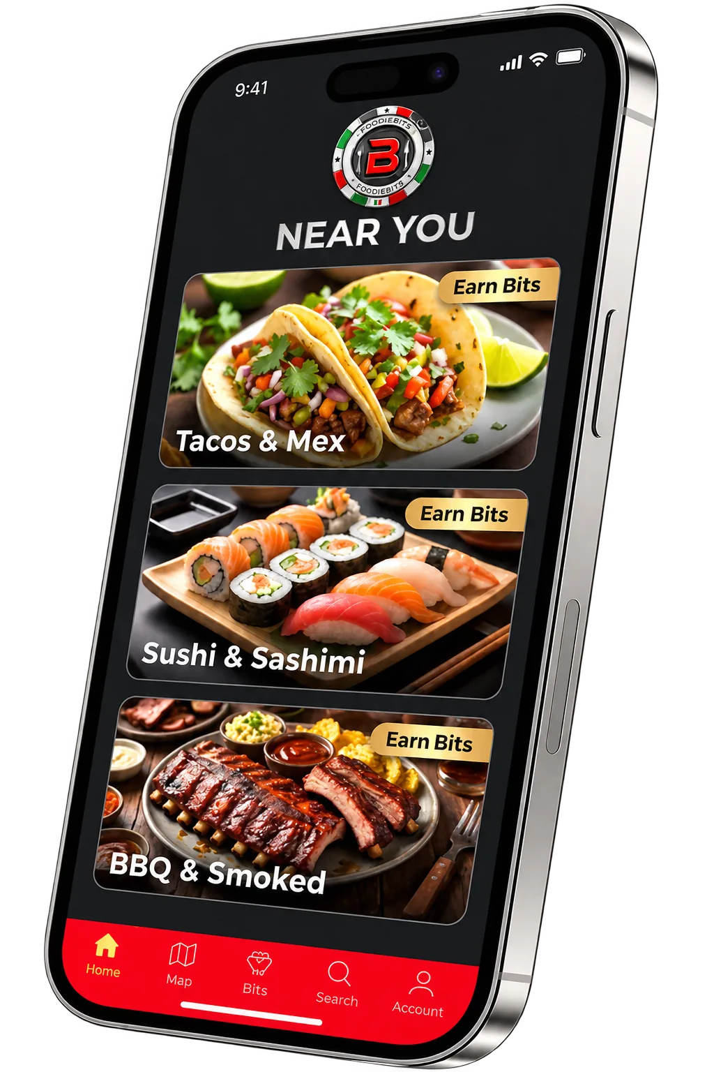 Official FoodieBits Merchant poster: a restaurant storefront with the FoodieBits badge and app download callouts