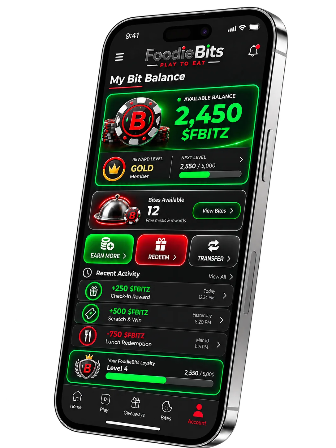 FoodieBits app preview showing My Bit Balance with reward level and recent activity