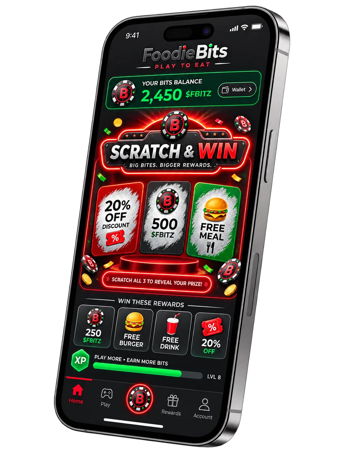 FoodieBits app preview showing the Scratch & Win game screen