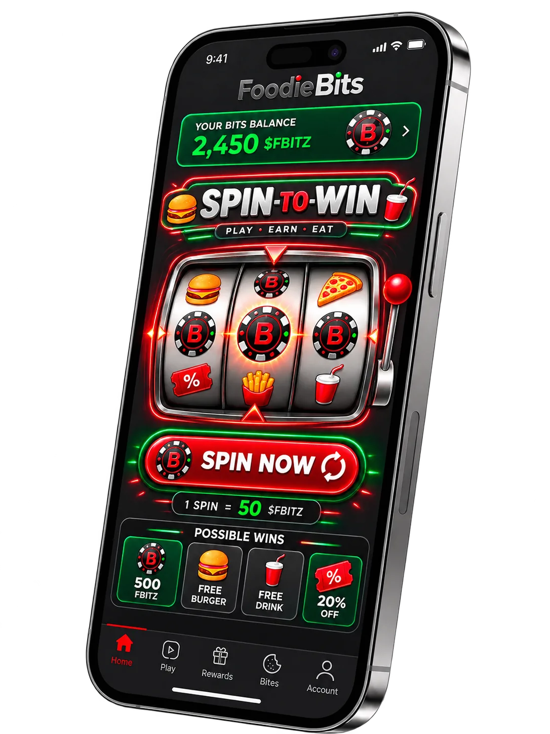 FoodieBits app preview showing the Spin-to-Win game screen